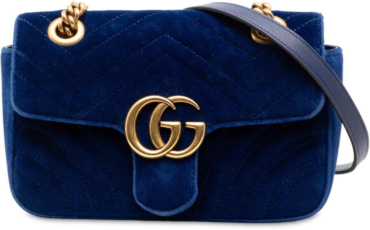 Gucci Small GG Marmont Matelasse Velvet Shoulder Bag Blauw