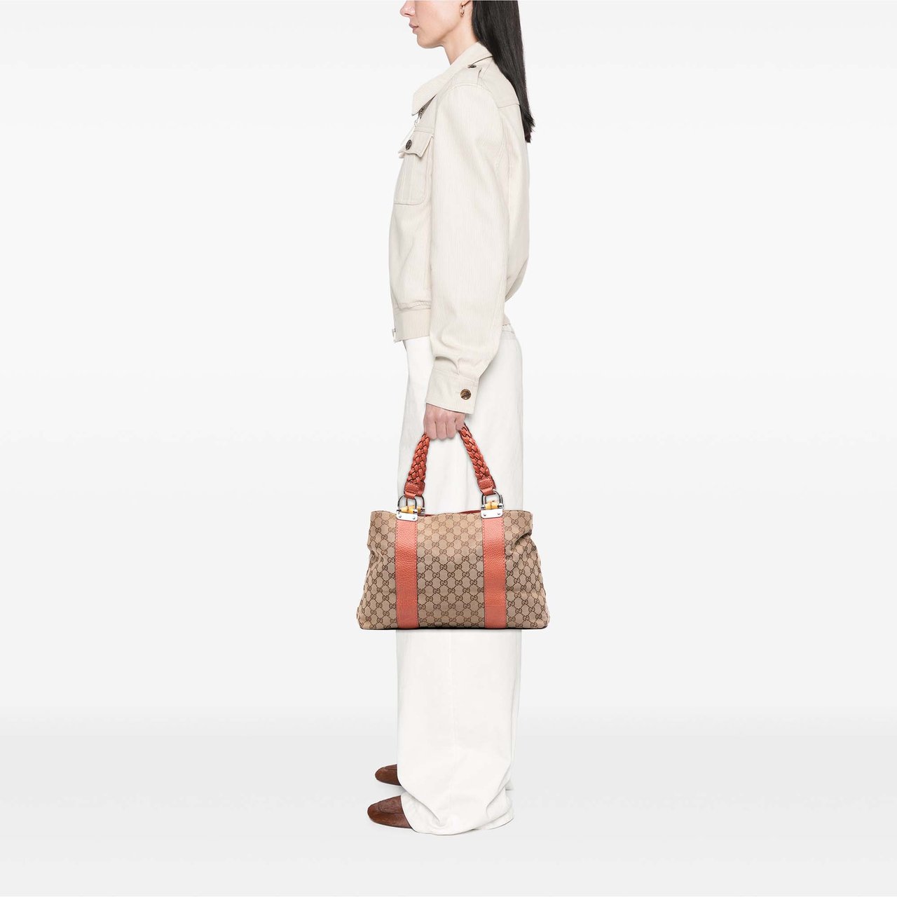 Gucci Medium GG Canvas Bamboo Libeccio Tote Bruin