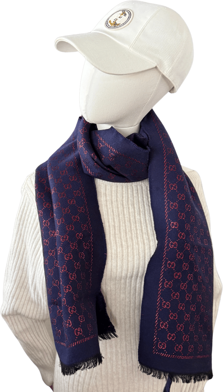 Gucci Gucci Schal aus Wolle Marineblau Rot / neuwertig Blauw