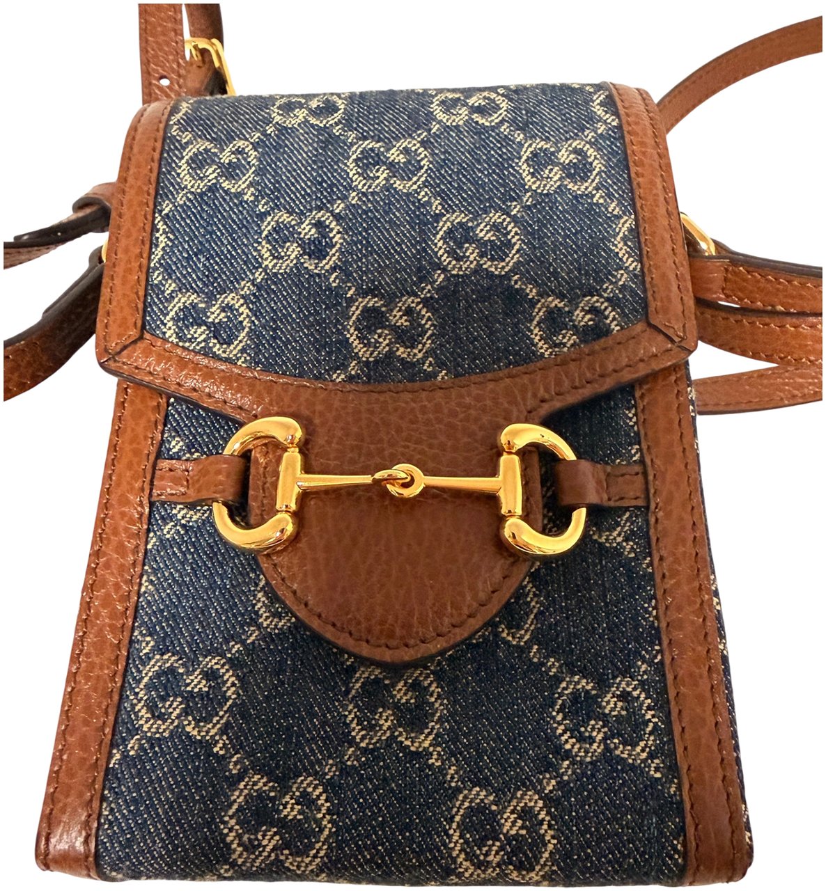 Gucci Mini Horsebit 1955 Denim Crossbody Bag Blauw