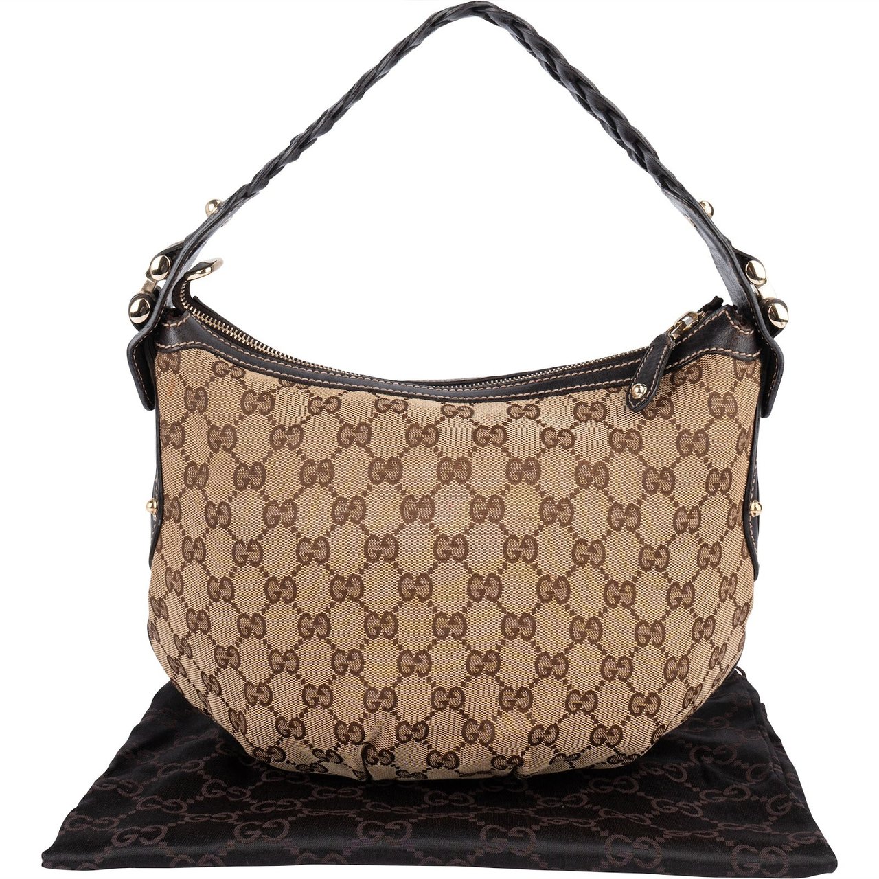 Gucci Gucci Monogram GG Studded Small Hobo Shoulder Bag Beige