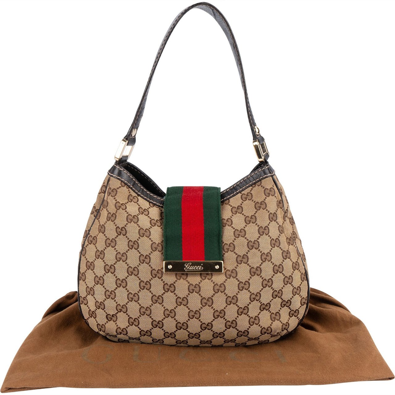 Gucci Gucci Monogram GG Canvas Sherry Line Web Stripe Hobo Shoulder Bag Beige