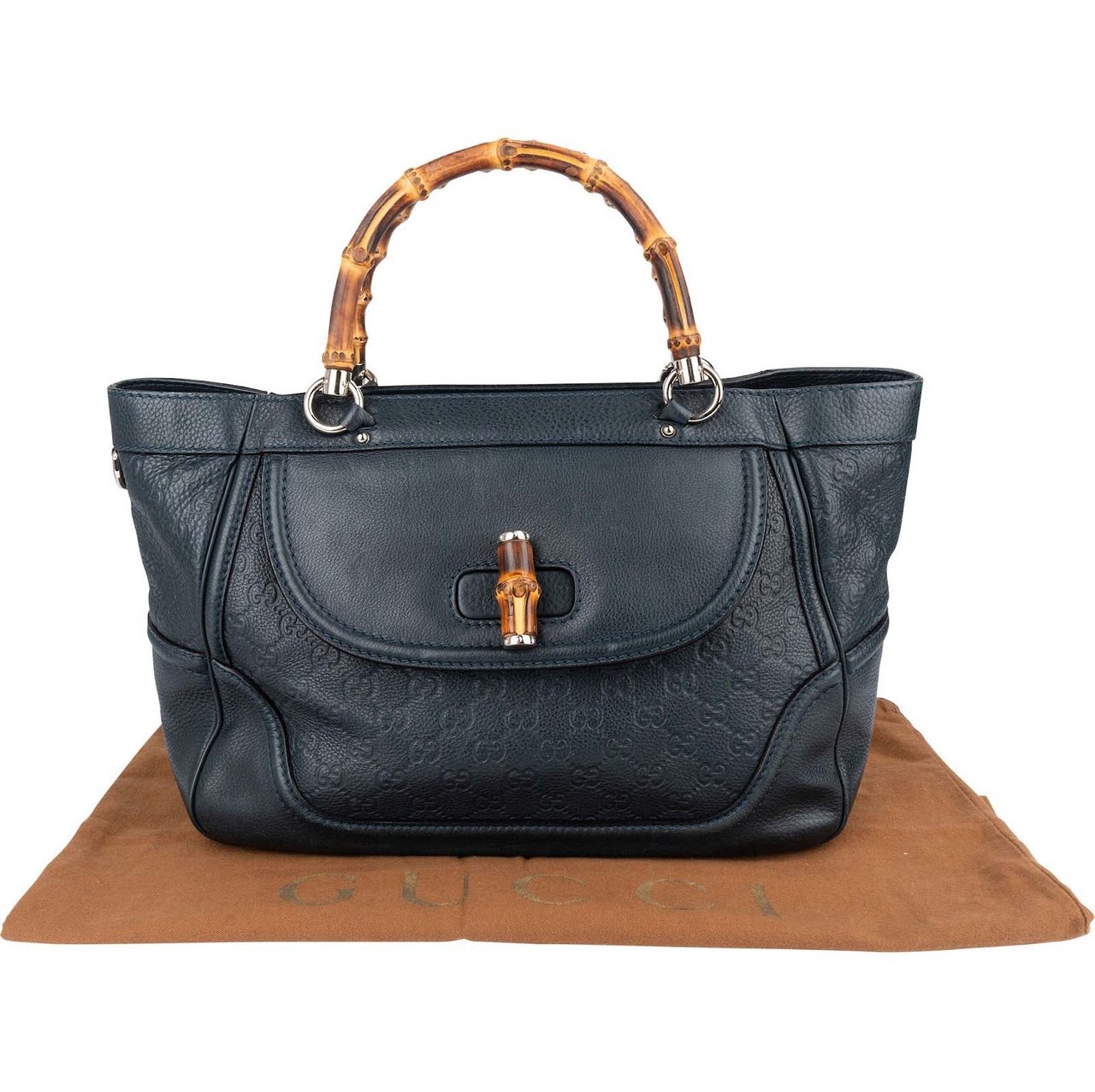 Gucci Gucci Guccissima Leather Bamboo Top Handle Tote Handbag Navy
