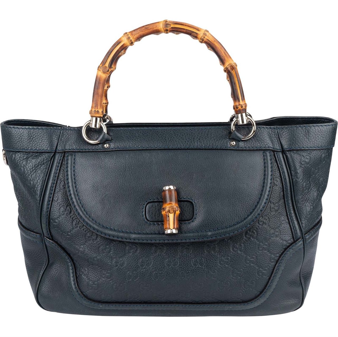 Gucci Gucci Guccissima Leather Bamboo Top Handle Tote Handbag Navy