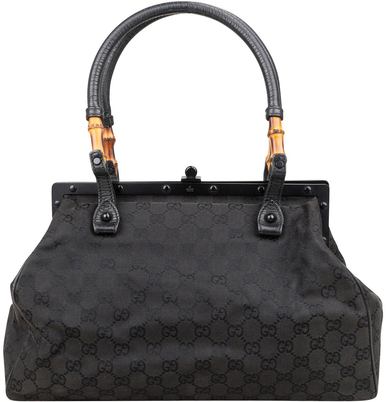 Gucci Gucci Black GG Monogram Bamboo Top Handle Frame Handbag Zwart