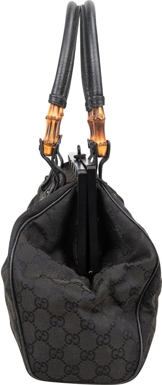 Gucci Gucci Black GG Monogram Bamboo Top Handle Frame Handbag Zwart