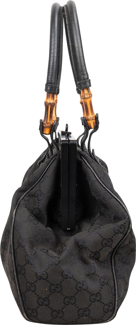 Gucci Gucci Black GG Monogram Bamboo Top Handle Frame Handbag Zwart