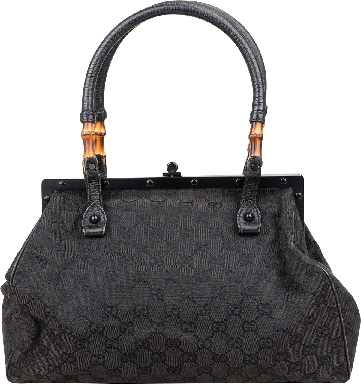 Gucci Gucci Black GG Monogram Bamboo Top Handle Frame Handbag Zwart