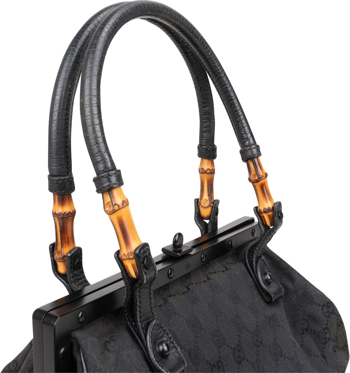 Gucci Gucci Black GG Monogram Bamboo Top Handle Frame Handbag Zwart