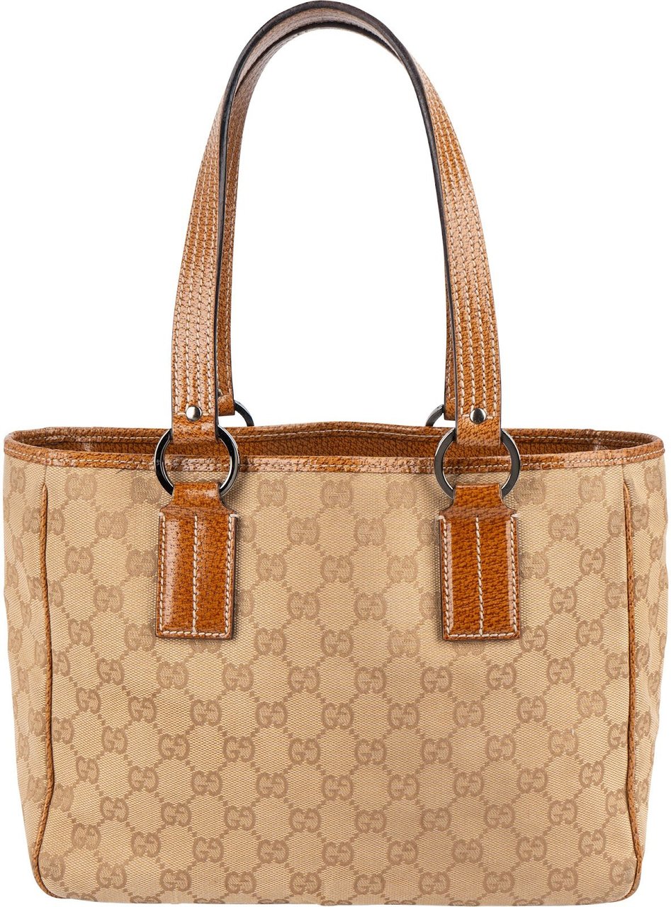 Gucci Gucci Monogram GG Canvas and Perforated Leather Small Handbag Beige