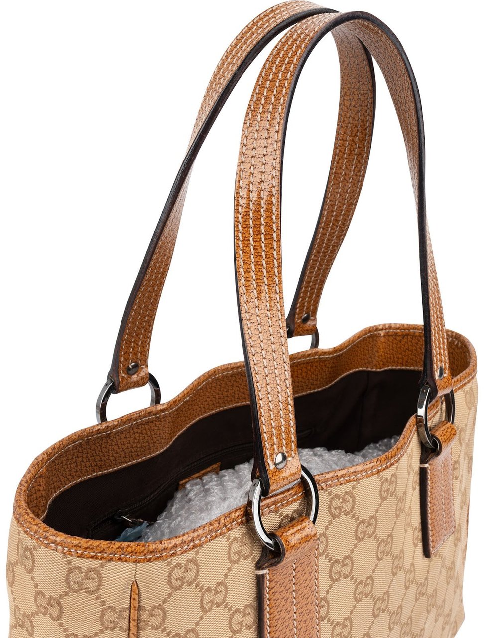 Gucci Gucci Monogram GG Canvas and Perforated Leather Small Handbag Beige