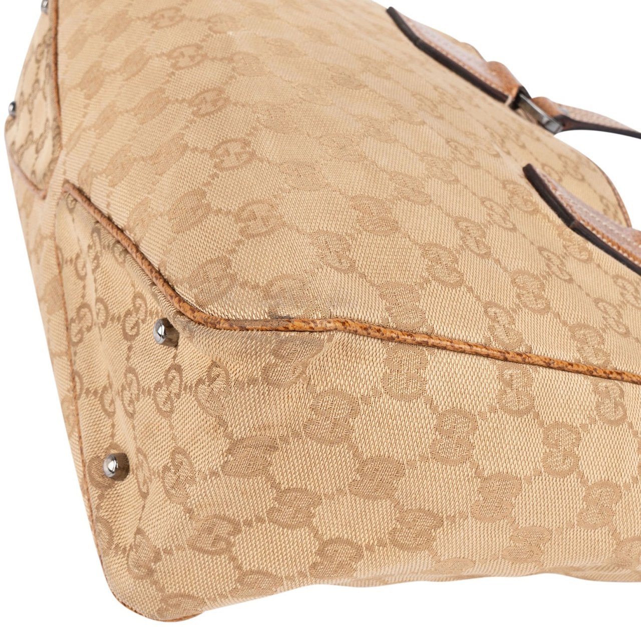 Gucci Gucci Monogram GG Canvas and Perforated Leather Small Handbag Beige