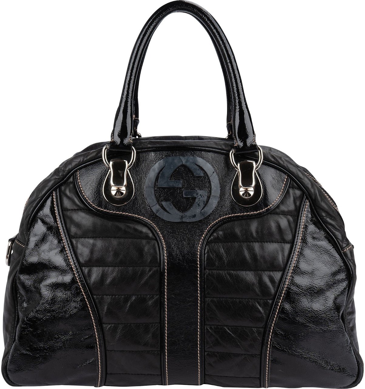 Gucci Gucci GG Black Quilted and Grained Patent Bowler Handbag Zwart
