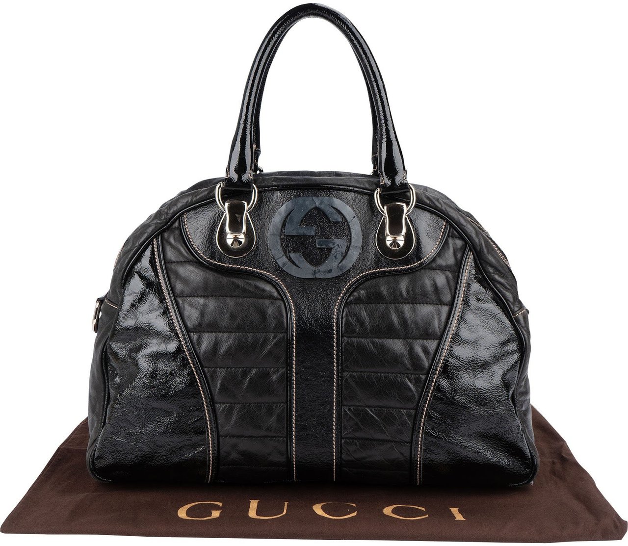 Gucci Gucci GG Black Quilted and Grained Patent Bowler Handbag Zwart