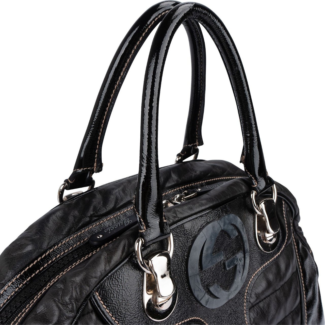 Gucci Gucci GG Black Quilted and Grained Patent Bowler Handbag Zwart