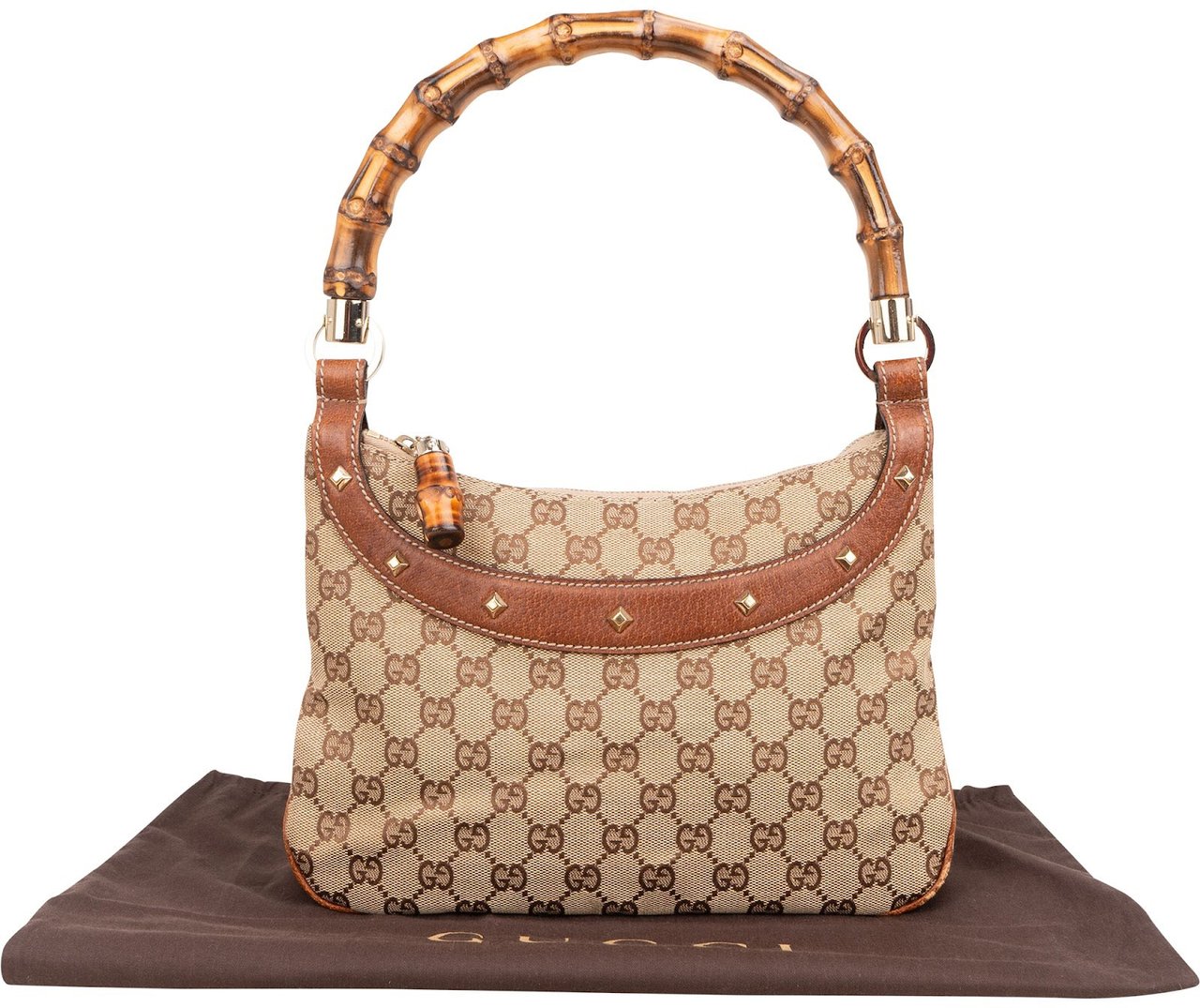 Gucci Gucci Monogram GG Bamboo Handle Studded Hobo Handbag Beige