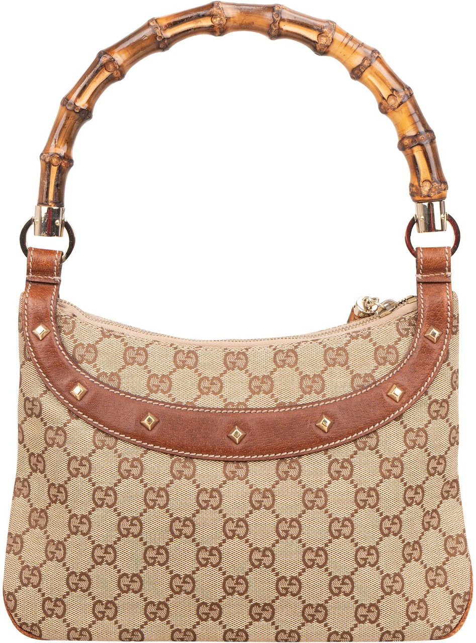 Gucci Gucci Monogram GG Bamboo Handle Studded Hobo Handbag Beige