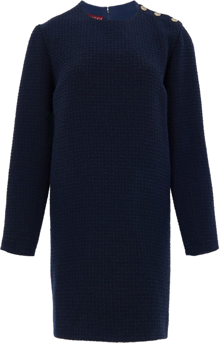 Gucci Blue Bouclé Dress with Gucci Logo Buttons Blauw