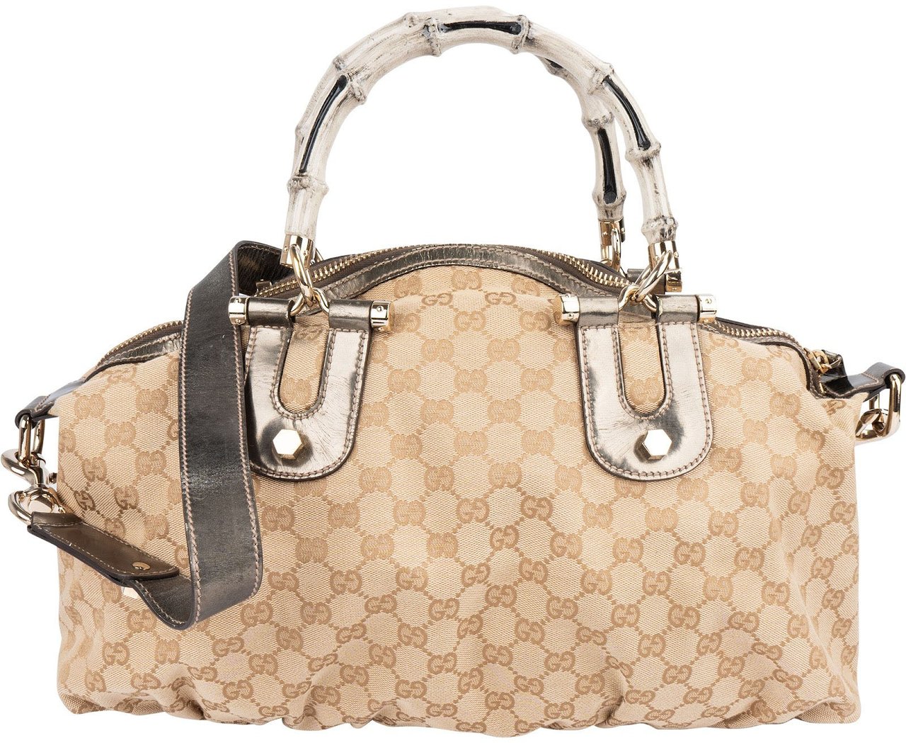 Gucci Gucci Monogram GG Bamboo Top Handle Handbag Beige