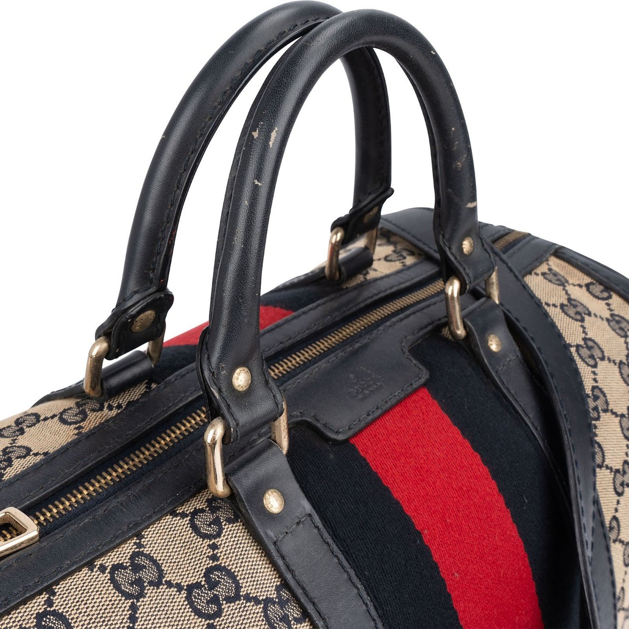 Gucci Gucci Monogram GG Canvas Web Boston Handbag Beige