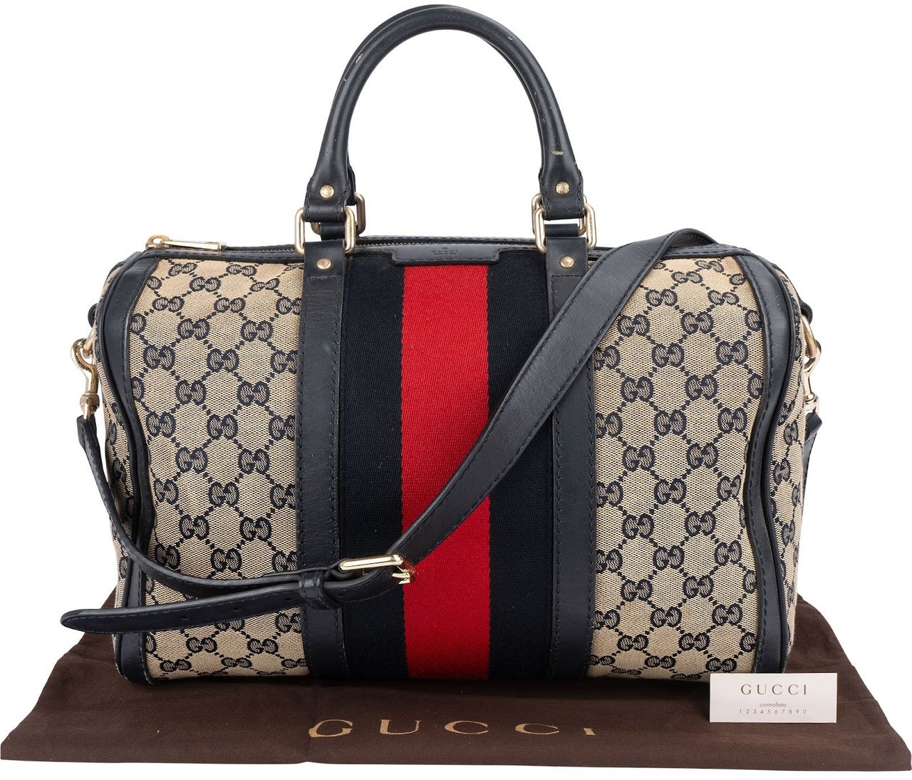 Gucci Gucci Monogram GG Canvas Web Boston Handbag Beige