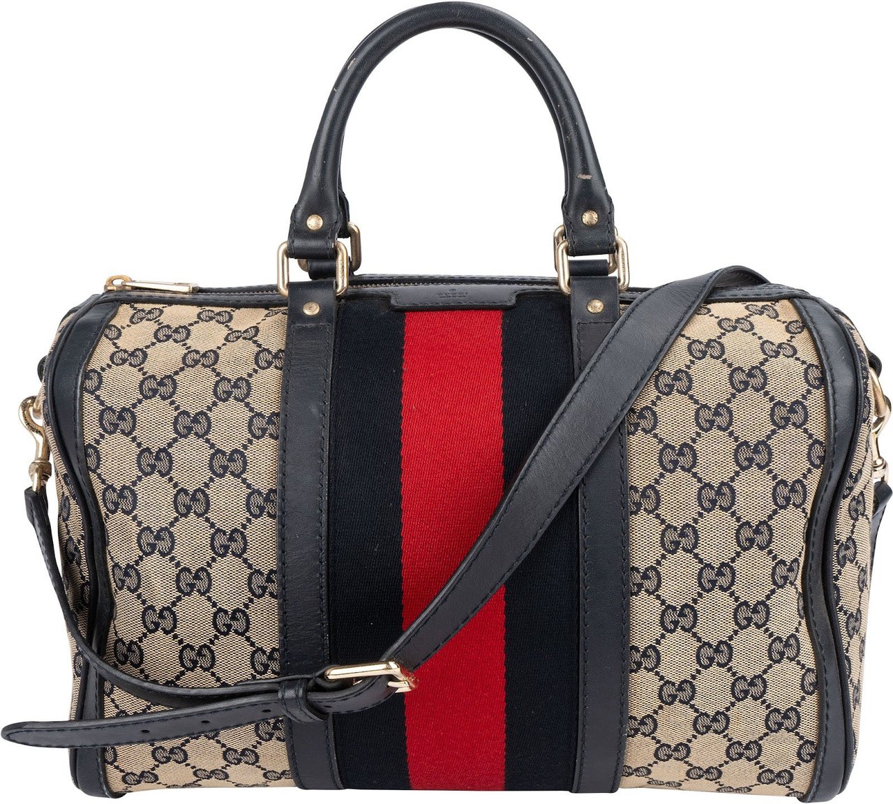 Gucci Gucci Monogram GG Canvas Web Boston Handbag Beige