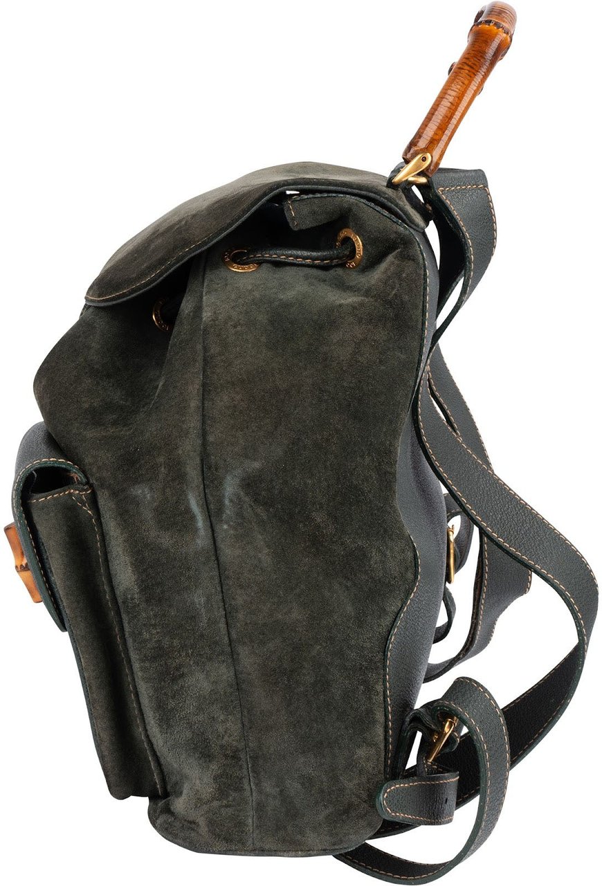 Gucci Gucci Green Suede Bamboo Backpack Donkergroen