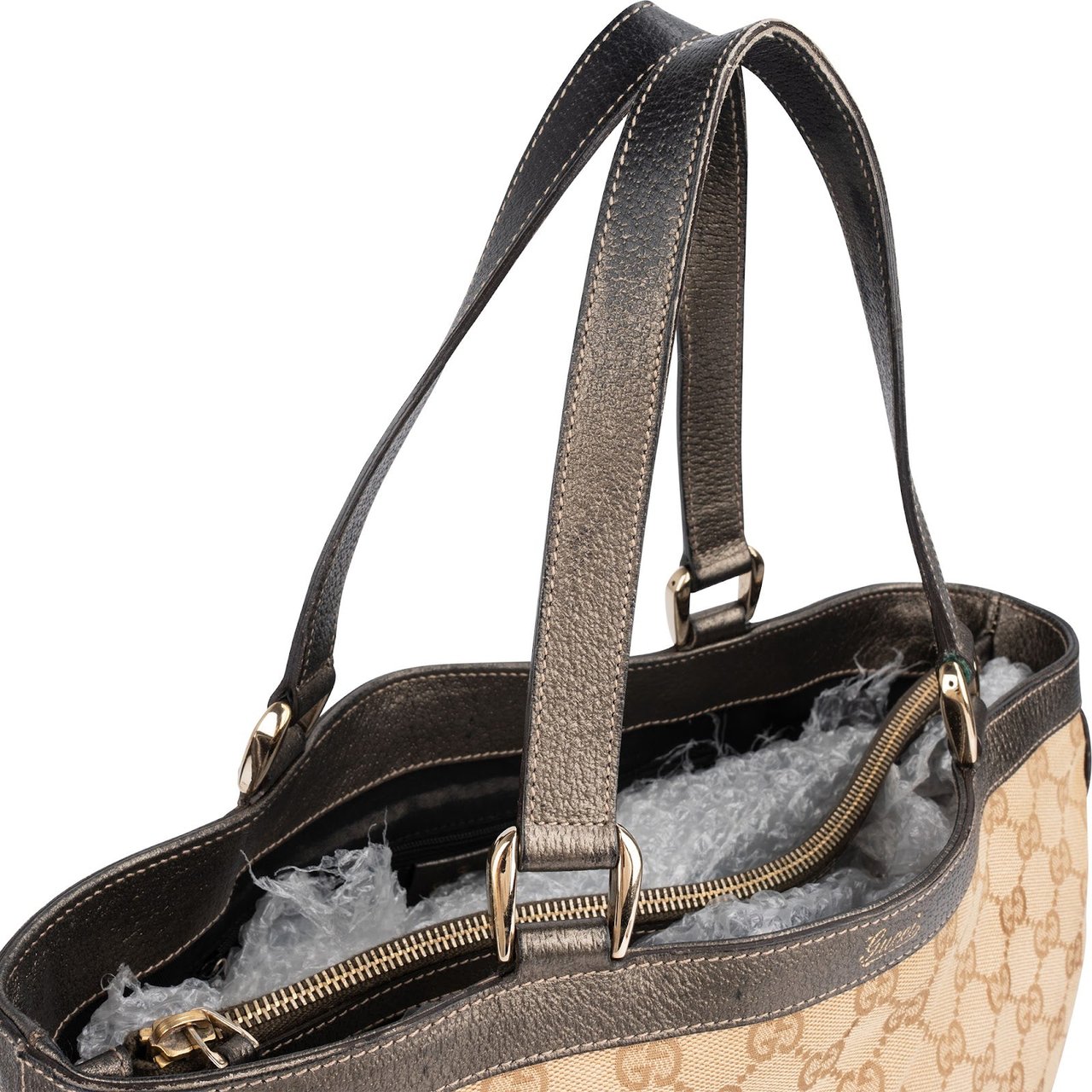 Gucci Gucci Monogram GG Metallic Leather Abbey Tote Handbag Beige