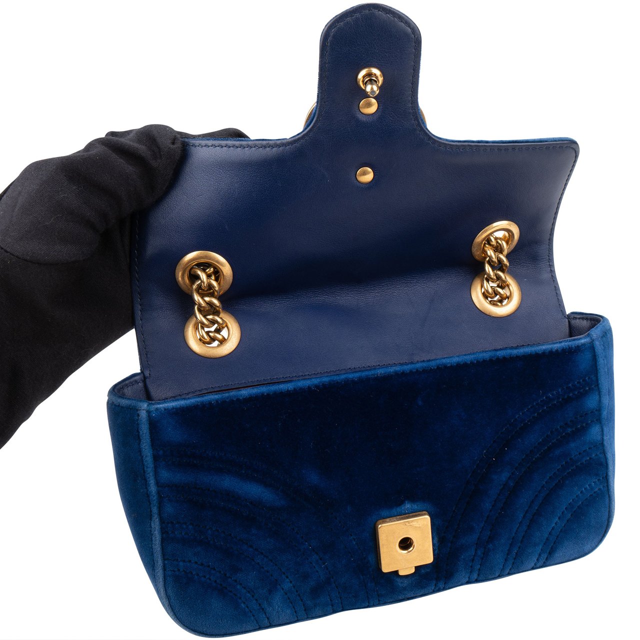 Gucci Gucci Blue Satin Marmont Stitch Crossbody Bag Blauw
