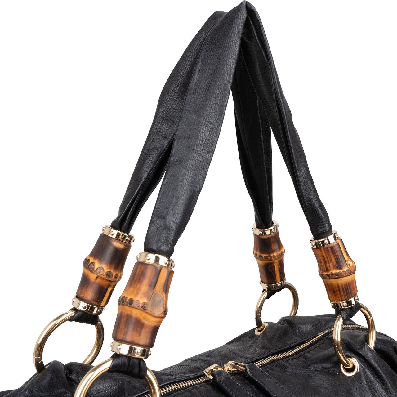 Gucci Gucci Black Leather Indy Bamboo Shoulder Bag Zwart