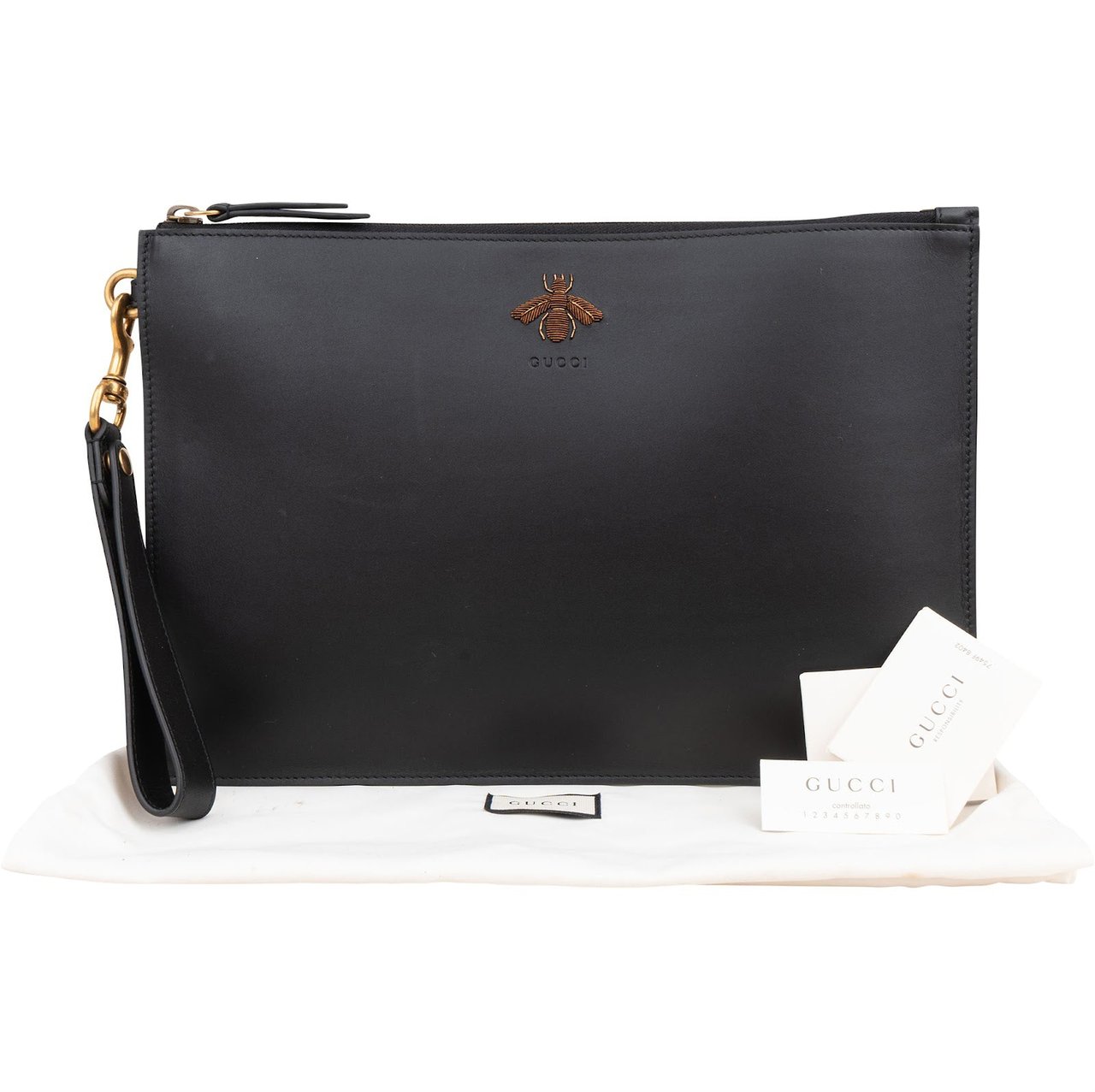 Gucci Gucci Black Leather Bee Clutch Zwart