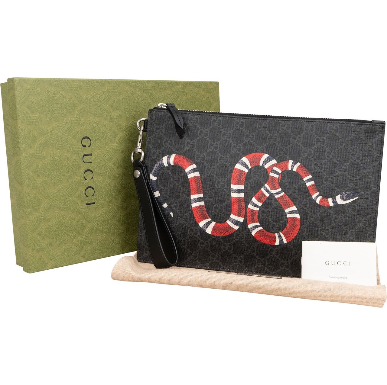 Gucci Monogram GG Supreme Canvas Kingsnake Clutch Zwart