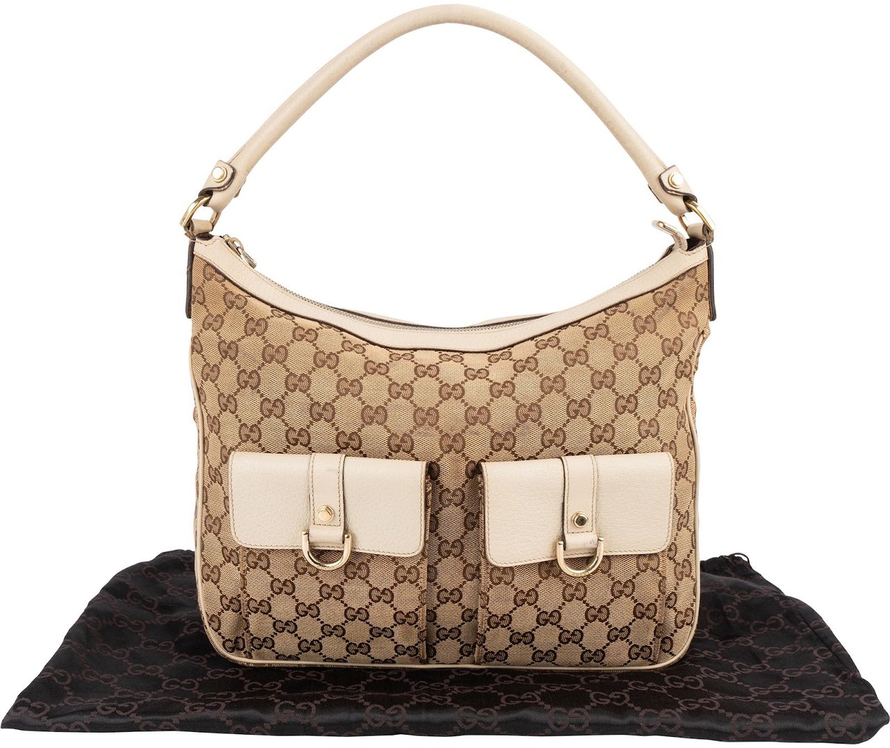 Gucci Gucci Monogram GG Abbey Double Pocket Hobo Shoulder Bag Beige