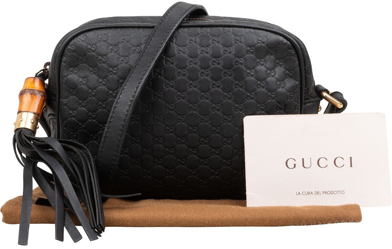 Gucci Gucci Guccissima Leather Bamboo Tassel Camera Crossbody Bag Zwart