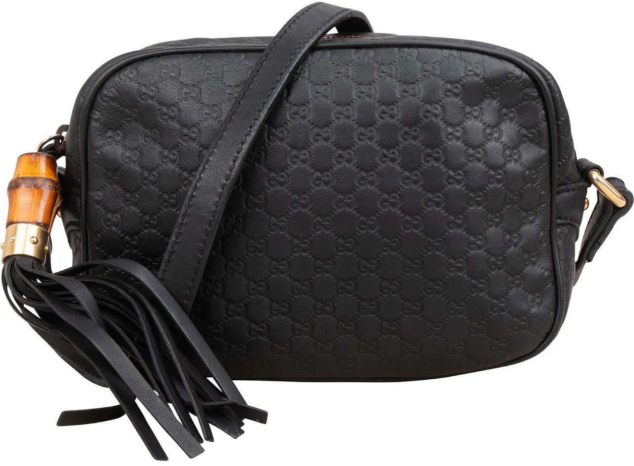 Gucci Gucci Guccissima Leather Bamboo Tassel Camera Crossbody Bag Zwart