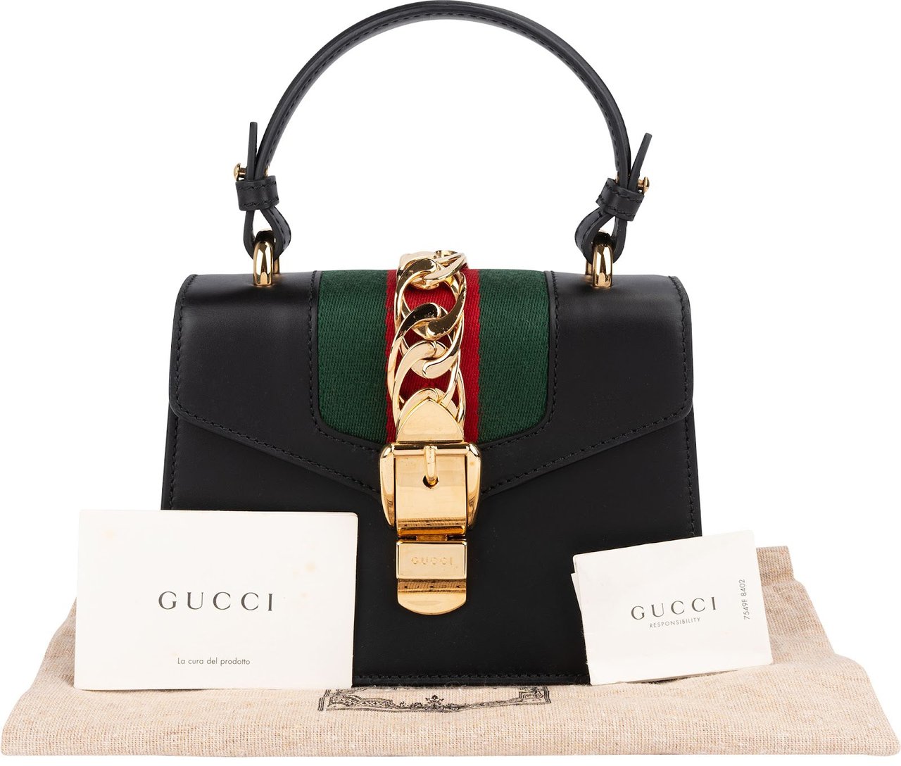 Gucci Black Leather Sylvie Sherry Line Handbag Zwart
