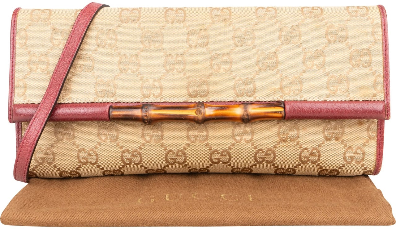 Gucci Gucci Monogram GG Canvas Bamboo Bar Clutch Crossbody Bag Beige