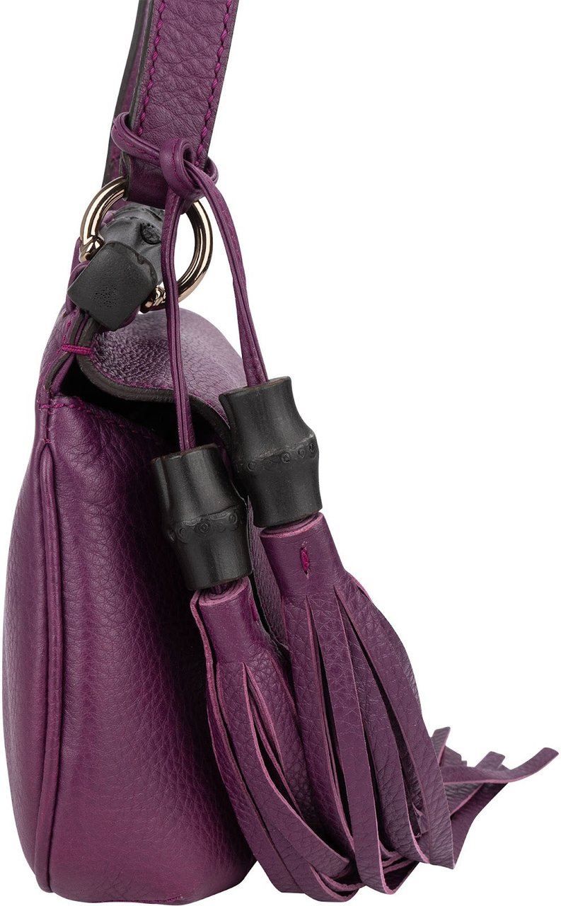 Gucci Gucci Pebbled Leather Bamboo Tassel Flap Crossbody Bag Paars