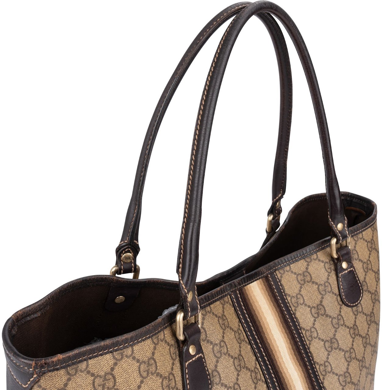 Gucci Monogram GG Supreme Web Stripe Tote Shoulder Bag Beige