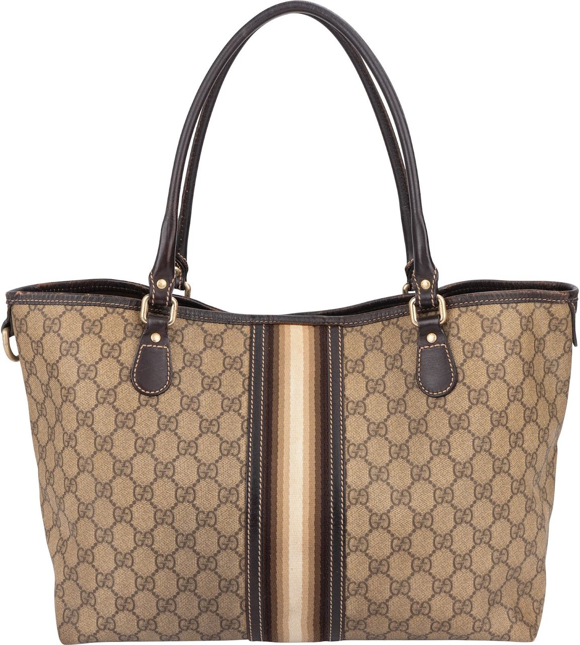 Gucci Monogram GG Supreme Web Stripe Tote Shoulder Bag Beige