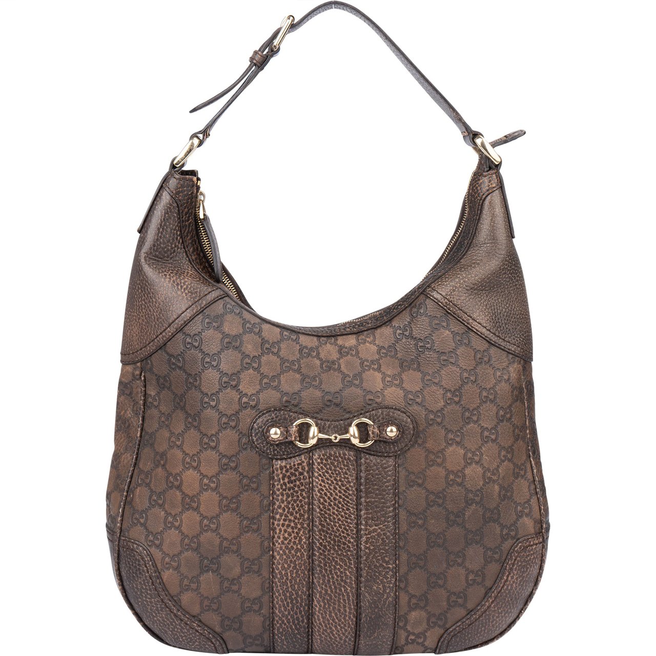 Gucci Gucci GG Leather Monogram Horsebit Hobo Bag Bruin