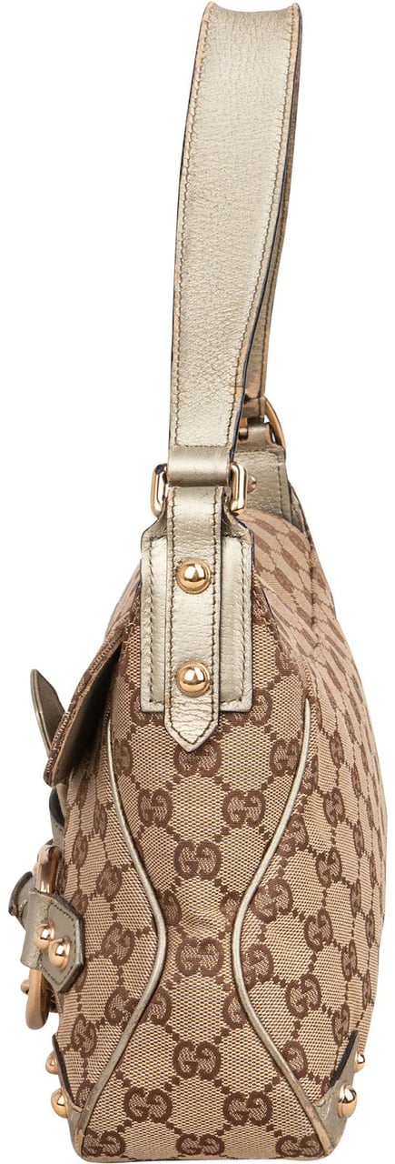 Gucci Gucci Monogram GG Studded Horsebit Chain Flap Shoulder Bag Beige