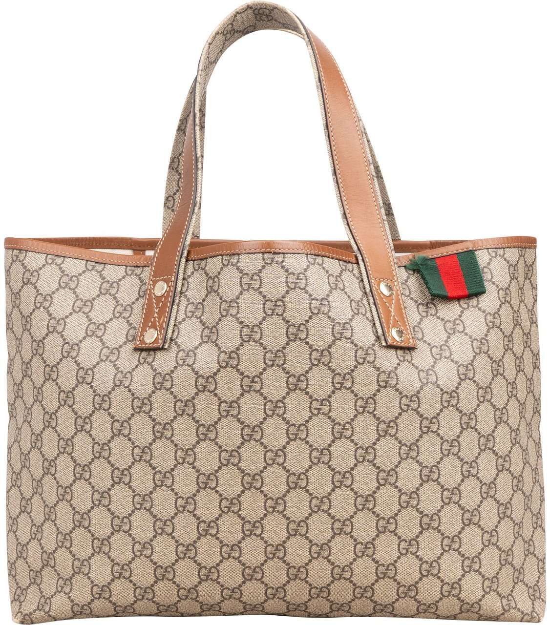 Gucci Monogram GG Supreme Canvas Web Tote Handbag Beige