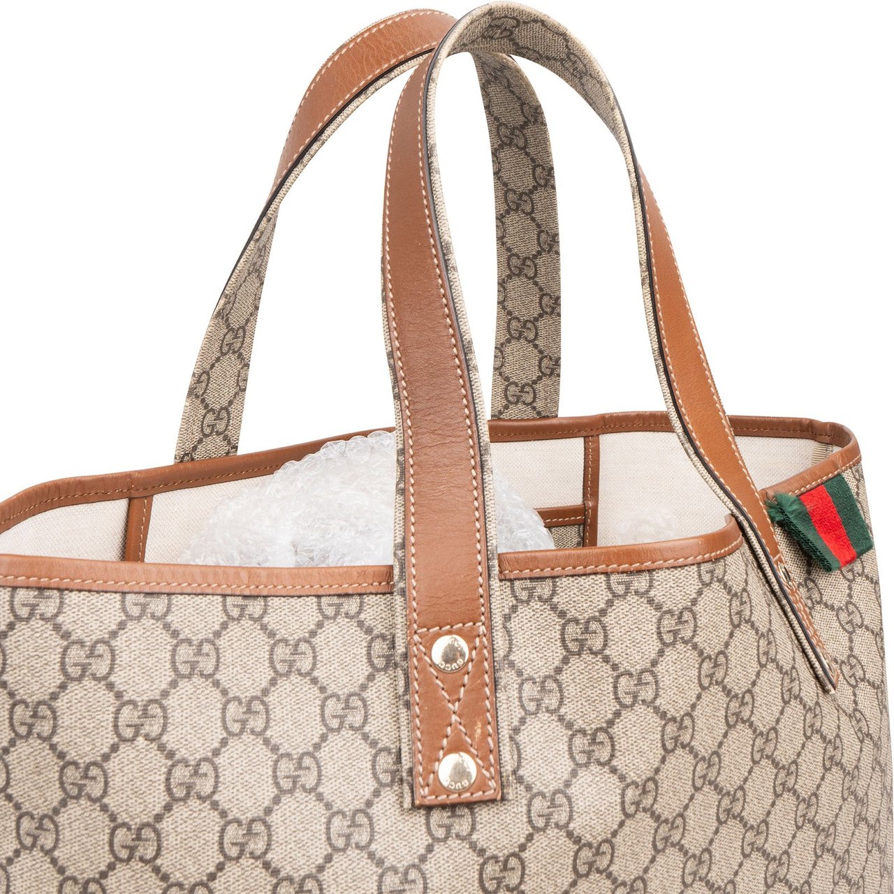Gucci Monogram GG Supreme Canvas Web Tote Handbag Beige