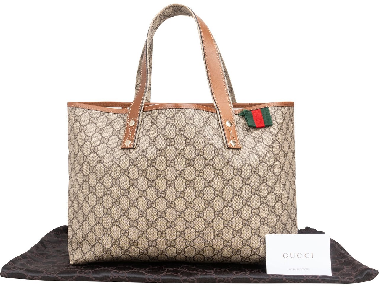 Gucci Monogram GG Supreme Canvas Web Tote Handbag Beige