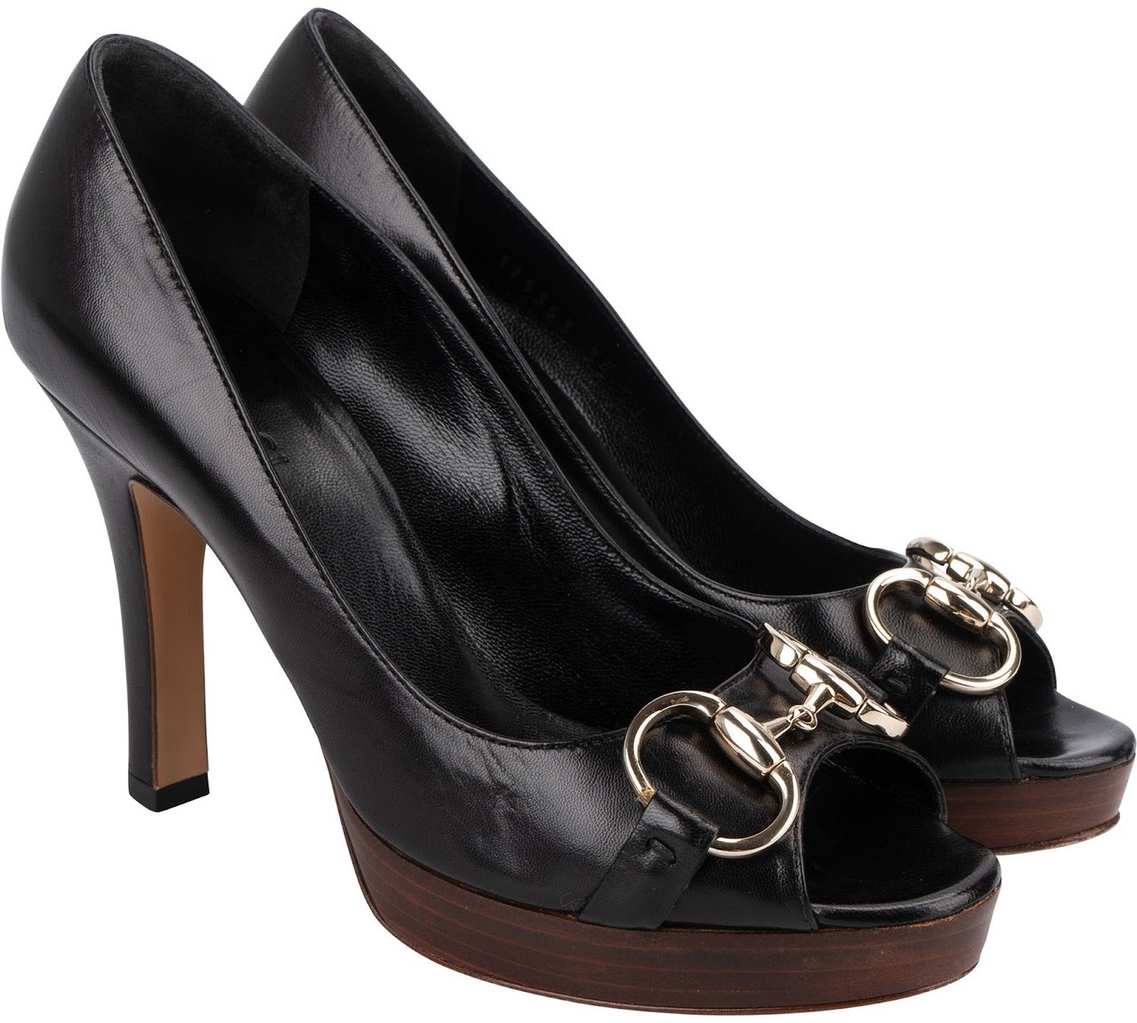 Gucci Black Leather Horsebit Malaga Peep Toe Platform Pumps (35) Zwart