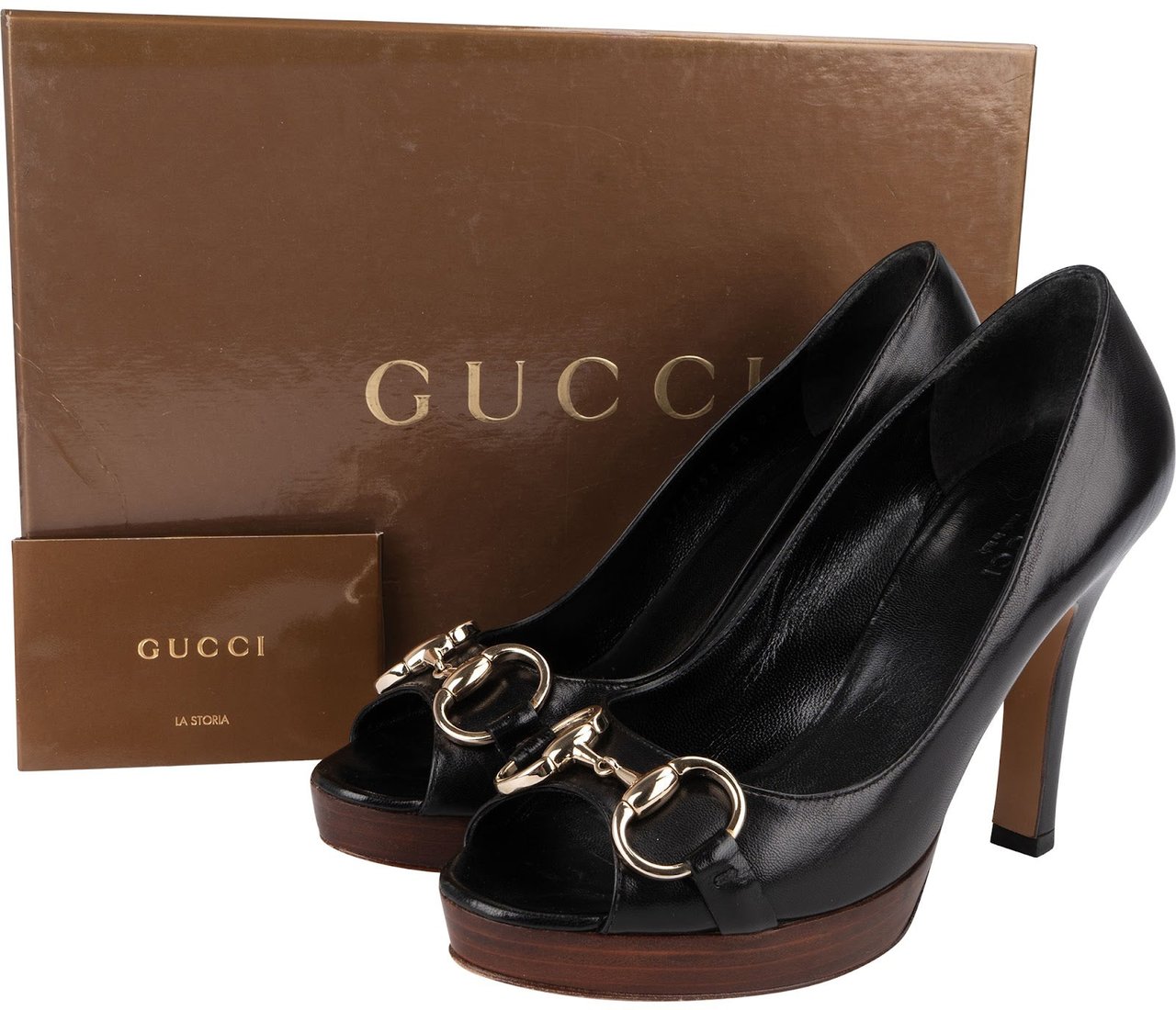 Gucci Black Leather Horsebit Malaga Peep Toe Platform Pumps (35) Zwart