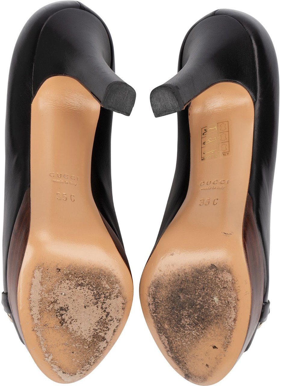 Gucci Black Leather Horsebit Malaga Peep Toe Platform Pumps (35) Zwart