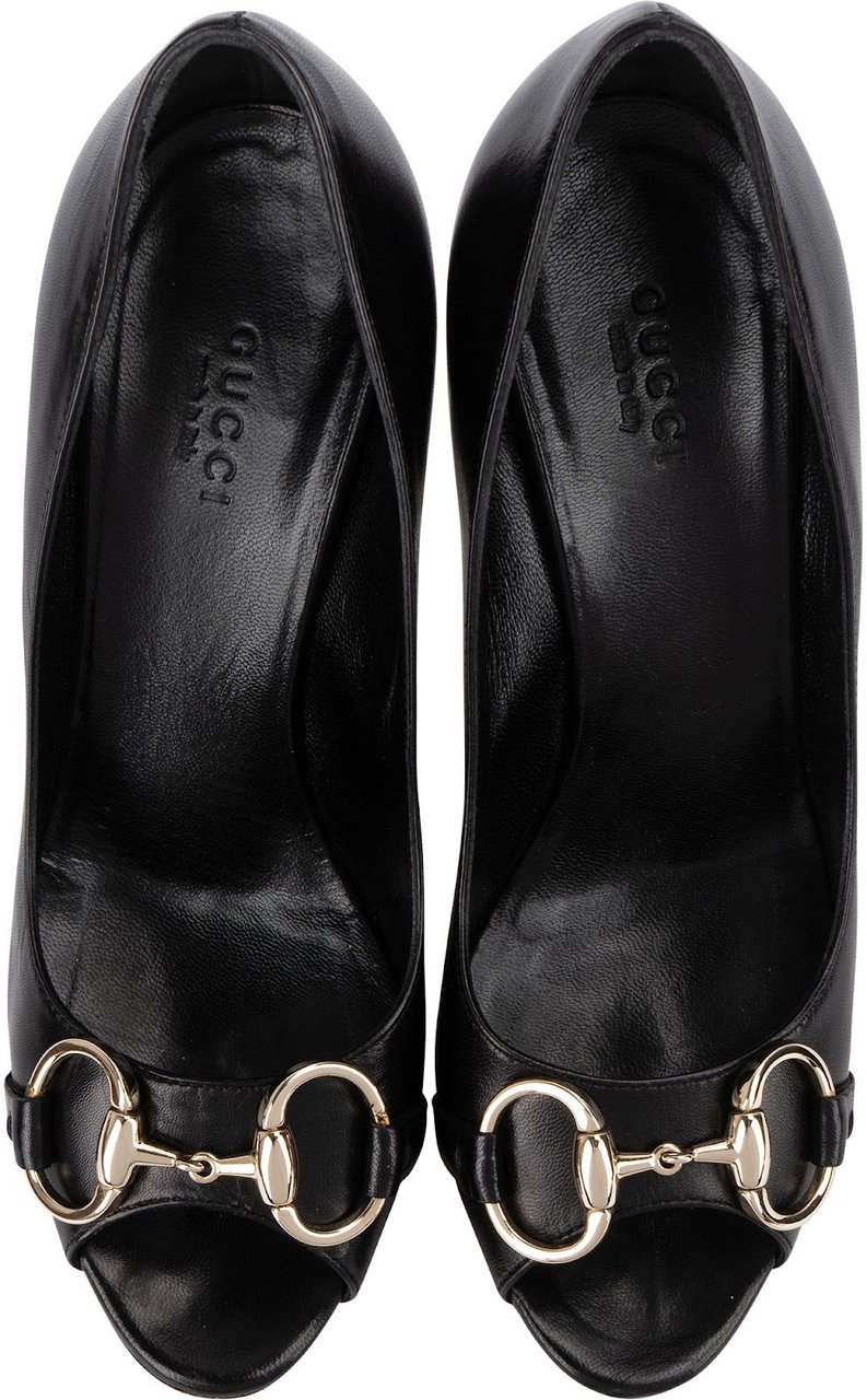 Gucci Black Leather Horsebit Malaga Peep Toe Platform Pumps (35) Zwart