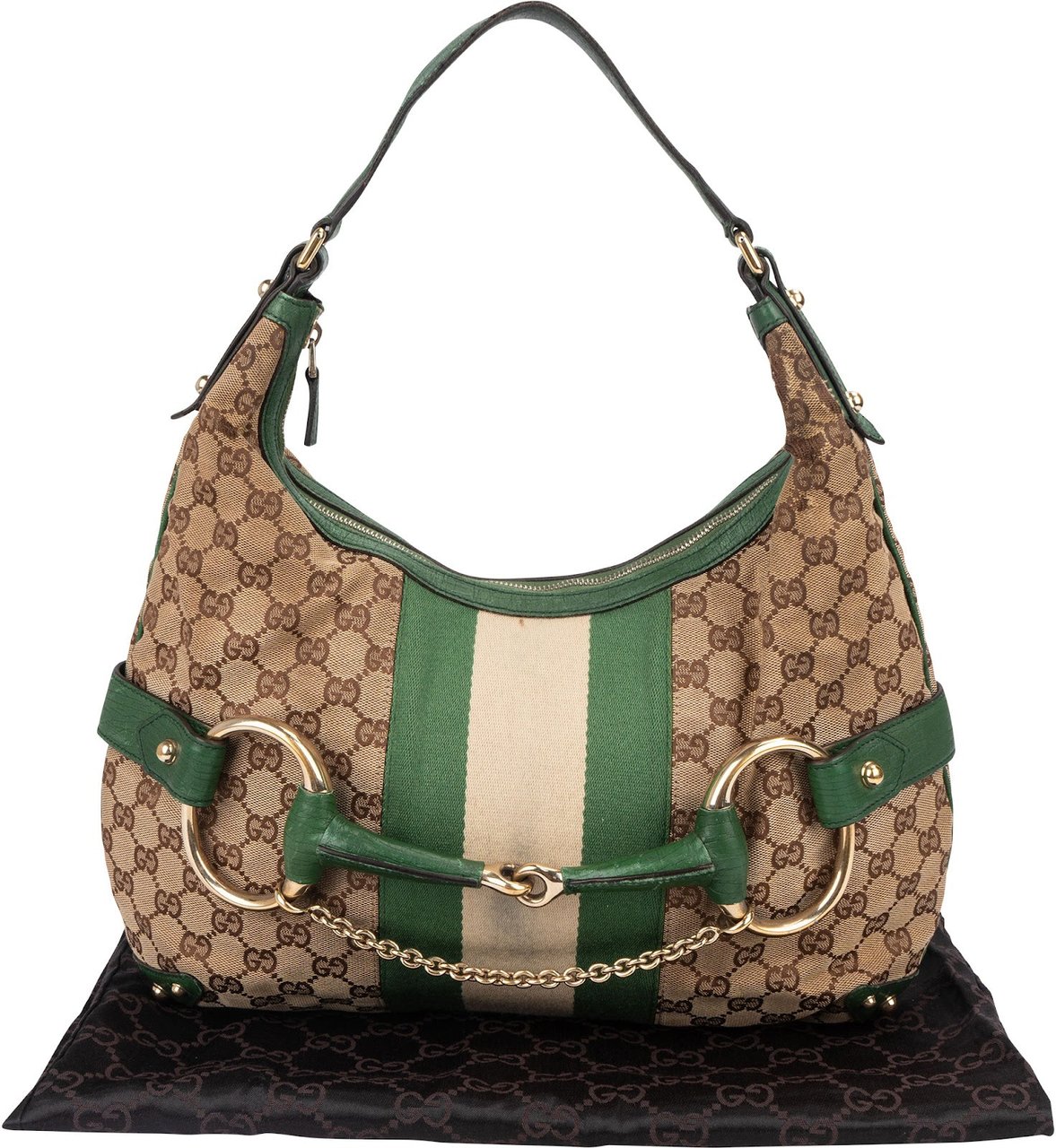 Gucci Gucci Monogram GG Web Stripe Horsebit Hobo Shoulder Bag Beige